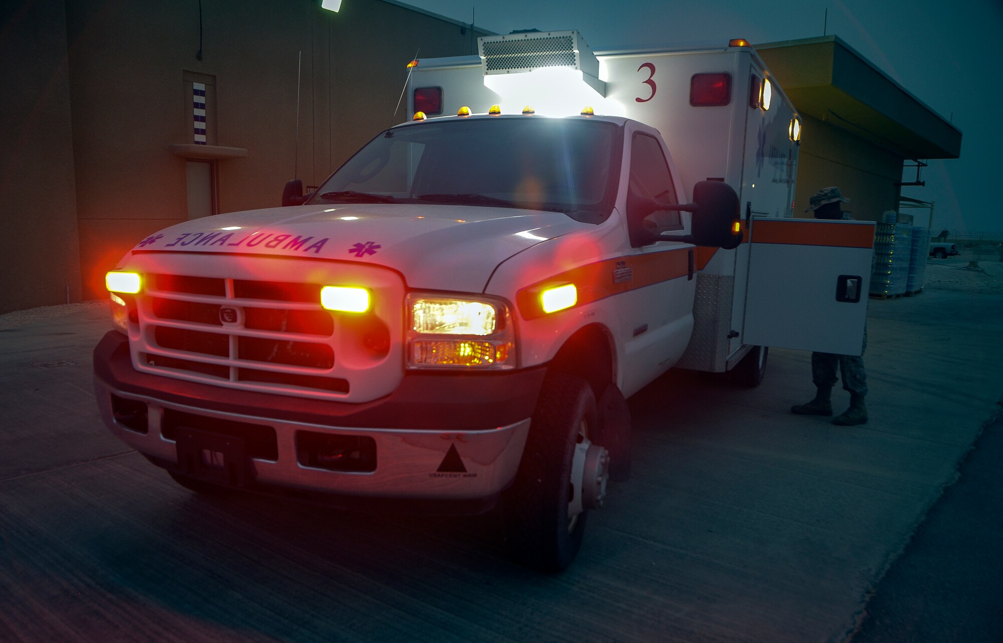 Senior Airman Steven Conner inspects the equipment of an ambulance truck Mar. 13, 2014 at Al Udeid Air Base, Qatar. The ambulance team made up of two first response Airmen has seven minutes to arrive on scene and their mission is to provide the base with basic life support services 24/7/365. Conner is a 379th Expeditionary Medical Group medical technician who is deployed from Joint Base Anacostia-Bolling, Washington, D.C., and a Killeen, Texas, native. (U.S. Air Force photo/Senior Airman Jared Trimarchi) 