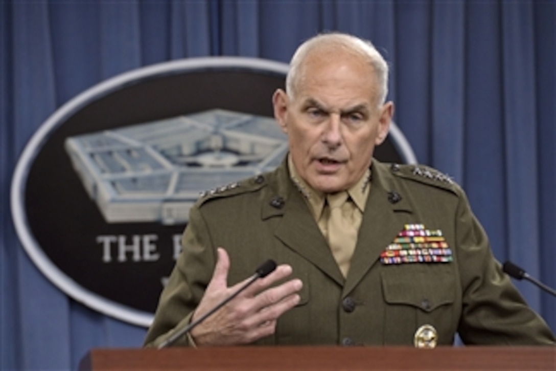Marine Corps Gen. John F. Kelly, commander of U.S. Southern Command, discusses the latest developments in his command's efforts to stem the flow of drugs from South and Central America while briefing reporters at the Pentagon, March 13, 2014.