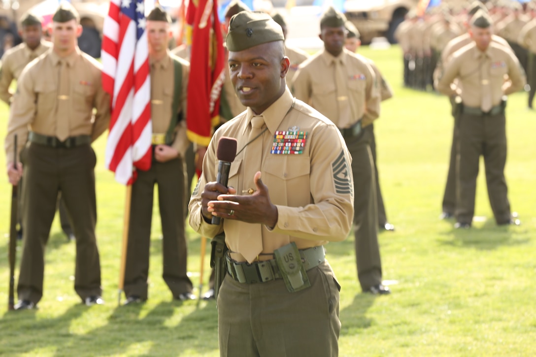 Sgt. Maj. Rodney Lane, sergeant major, 7th Marine Regiment, makes remarks during a relief and appointment and retirement ceremony for 7th Marine Regiment's sergeant major at Lance Cpl. Torrey L. Gray Field, Mar. 7. “I am honored and privileged to be the regimental sergeant major,” Lane said.

