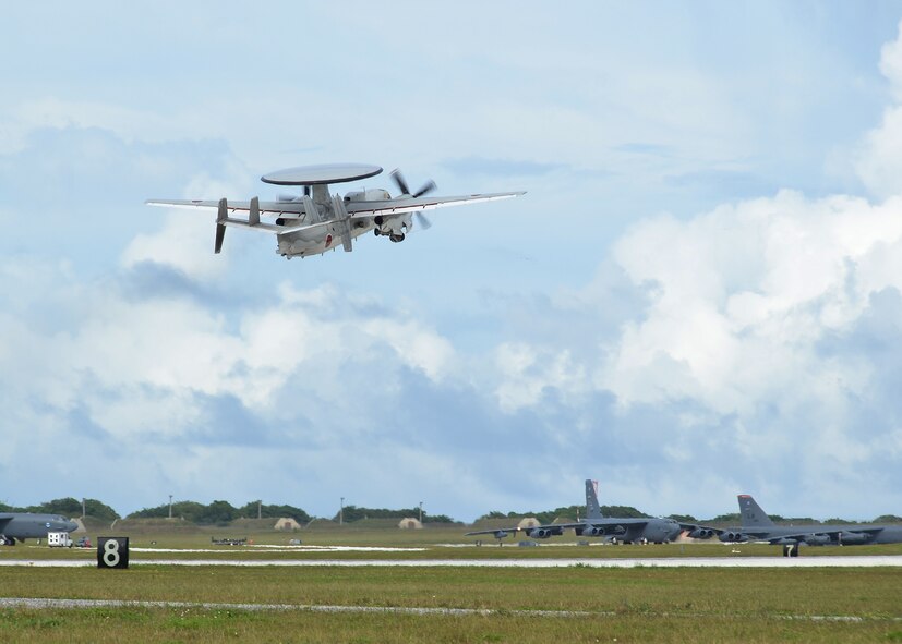 A Japan Air Self-Defense Force E-2C Hawkeye takes off for dissimilar air combat training during Exercise Cope North 2014 on Andersen Air Force Base, Guam Feb. 21, 2014. Cope North is a multilateral field training exercise that brings together the U.S. Air Force, Japan Air Self-Defense Force, Royal Australian Air Force and the Republic of Korea Air Force in order to increase readiness and combined interoperability. (U.S. Air Force photo by Senior Airman Katrina M. Brisbin/Released)
