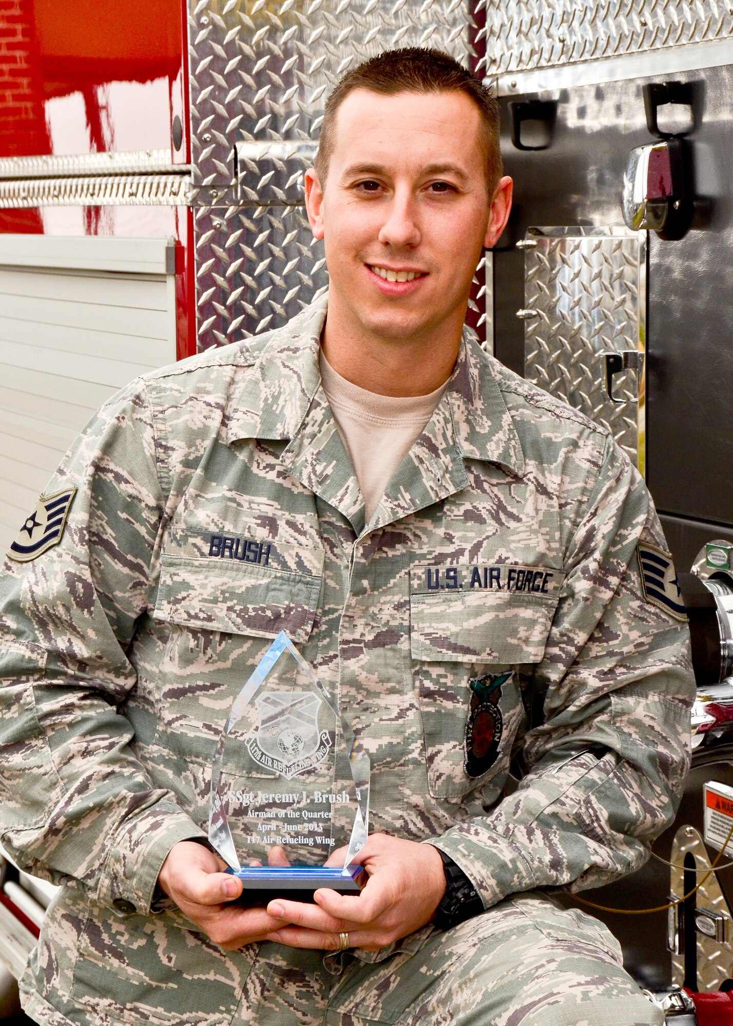 BIRMINGHAM, Ala. -- Staff Sgt. Jeremy J. Brush was recently selected as the 117 ARW “Airman of the Quarter” NCO category. Brush saved the life of an infant by immediately applying life-saving techniques while deployed in September 2010. (U.S. Air National Guard photo by Staff Sgt. Jeremy Farson/Released) 