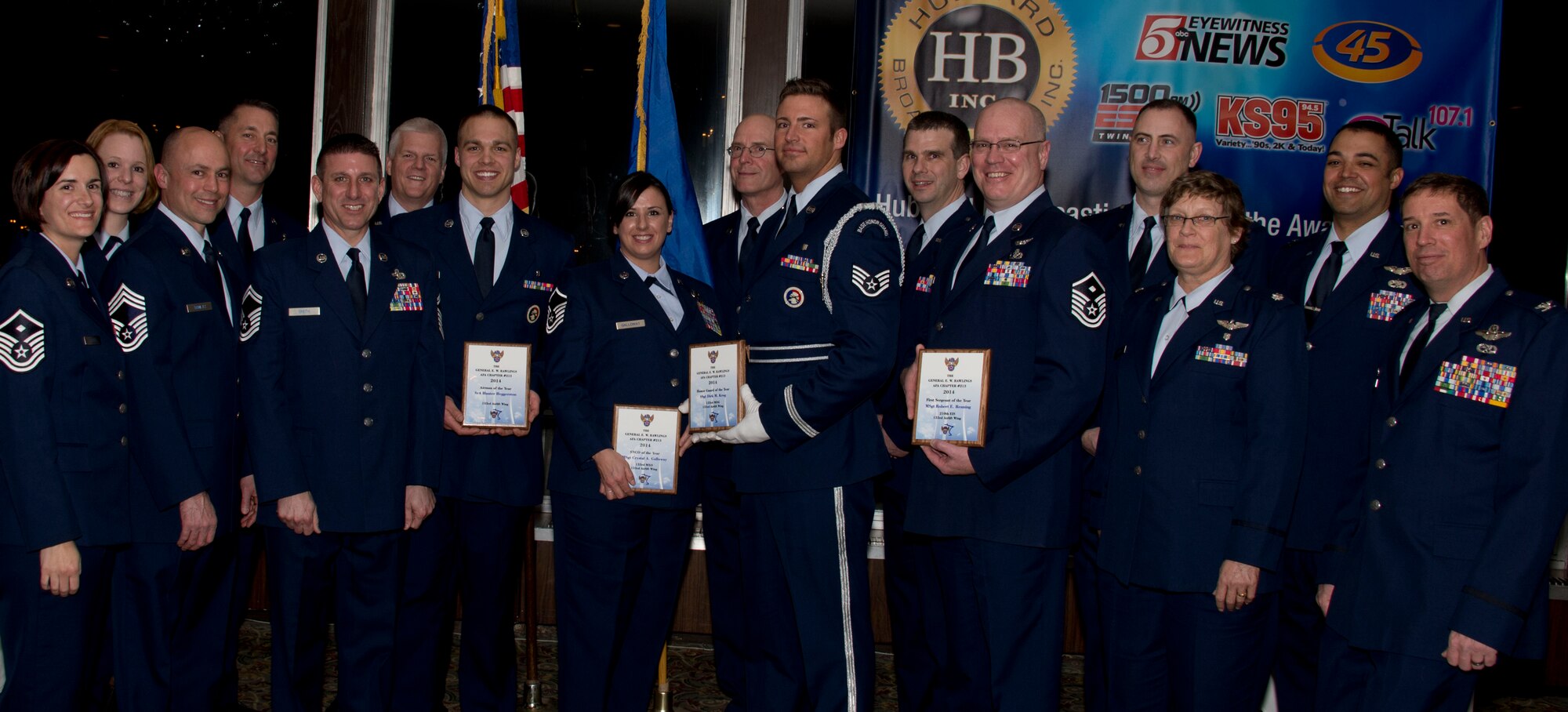 Members of the Minnesota Air National Guard pose for a photograph after the Air Force Association’s (AFA) Annual Awards Dinner in St. Paul, Minn., Mar. 15, 2014. The AFA honored the 133rd Airlift Wing 2014 Outstanding Airmen of the Year for their achievements.
(U.S. Air Force photo by Staff Sgt. Amy M. Lovgren/Released)



