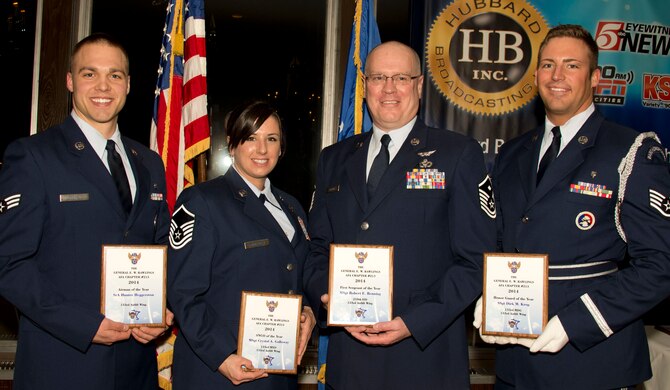 Senior Airman Hunter Heggerston, left, Master Sgt. Crystal Galloway, Master Sgt. Robert Renning, and Staff Sgt. Dirk Krog pose for a group photograph in St. Paul, Minn., Mar. 15, 2014. Heggerston, Galloway, Renning, and Krog are the 133rd Airlift Wing 2014 Outstanding Airmen of the Year and the Air Force Association honored them for their achievements.
(U.S. Air National Guard photo by Tech. Sgt. Amy M. Lovgren/Released)


