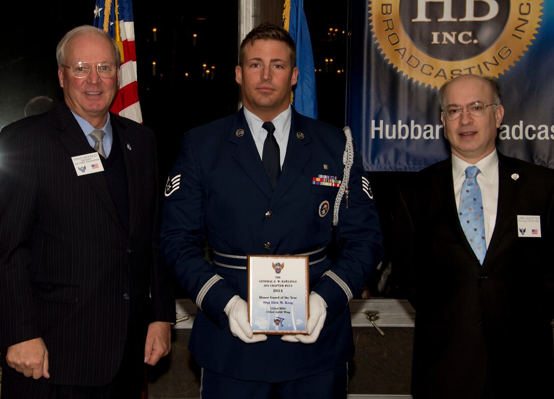 Staff Sgt. Dirk Krog, 210th Engineering Installation Squadron, receives an award from Retired U.S. Air Force Gen. Craig McKinley, President of the Air Force Association, and Larry Sagstetter, Rawlings Chapter President in St. Paul, Minn., Mar. 15, 2014. Krog is being honored for being the 133rd Airlift Wing Honor Guard of the Year during the Air Force Association’s Annual Awards Dinner. 
(U.S. Air National Guard photo by Tech. Sgt. Amy M. Lovgren/Released)

