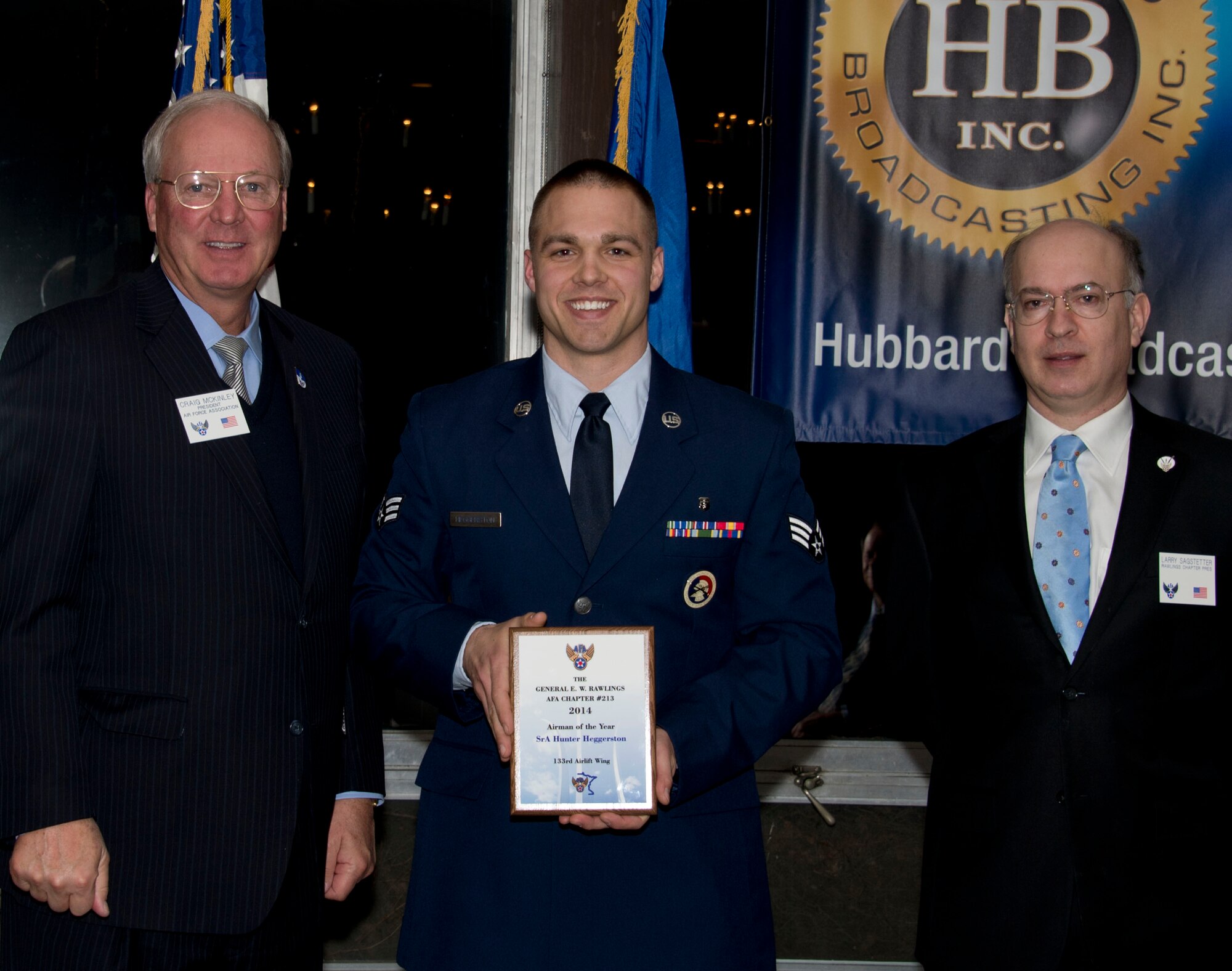 Senior Airman Hunter Heggerston, 133rd Medical Group, receives an award from Retired U.S. Air Force Gen. Craig McKinley, President of the Air Force Association, and Larry Sagstetter, Rawlings Chapter President in St. Paul, Minn., Mar. 15, 2014. Heggerston is being honored for being the 133rd Airlift Wing Airman of the Year during the Air Force Association’s Annual Awards Dinner.
(U.S. Air National Guard photo by Tech. Sgt. Amy M. Lovgren/Released)
