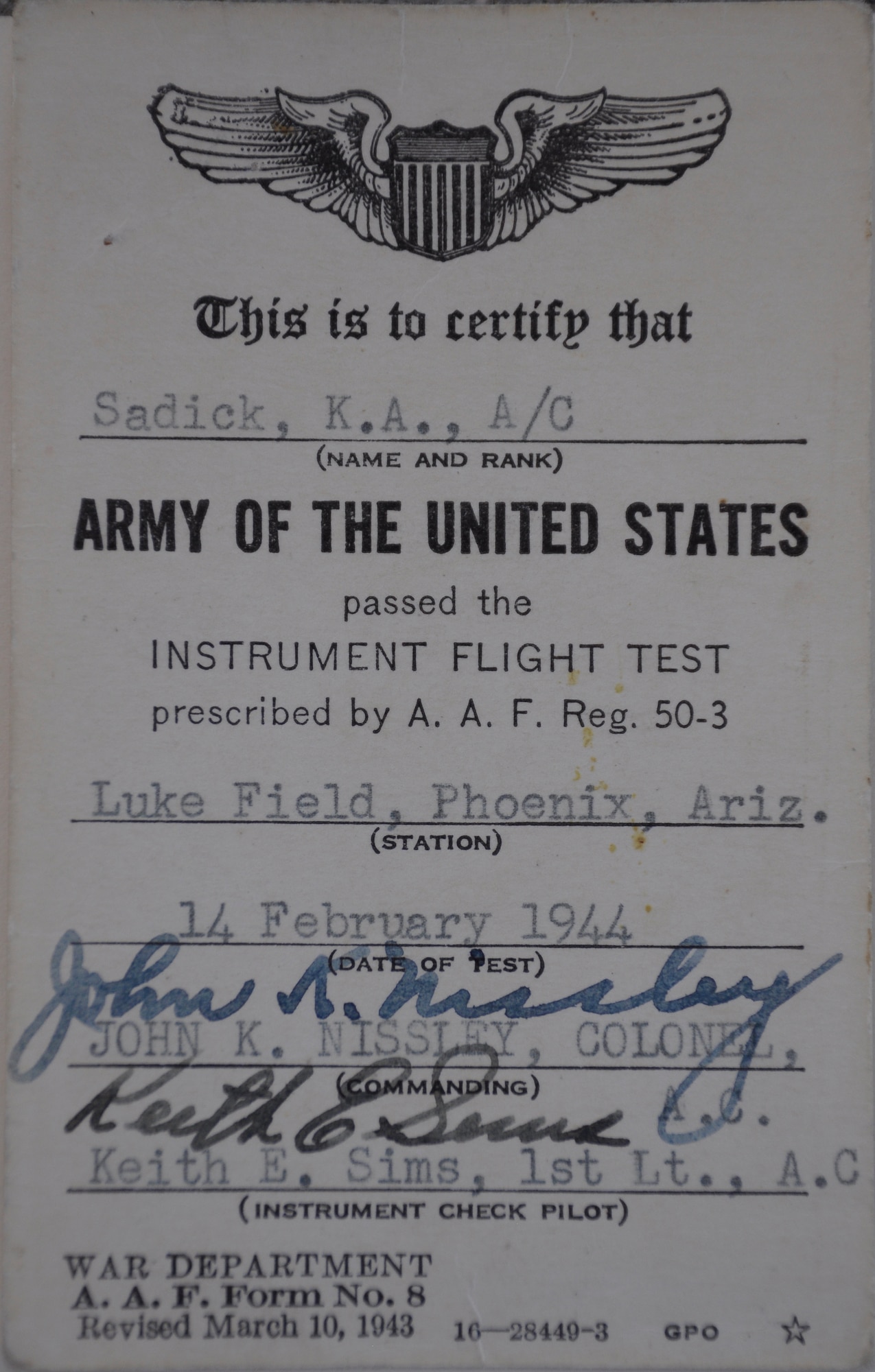 Kenneth Sadick, a first lieutenant in World War II, passed his instrument flight test on Feb. 14, 1944, and was awarded his wings in March of the same year at Luke Field. Sadick returned to Luke Air Force 70 years later for Luke's Open House and Air Show. (Courtesy photo) 