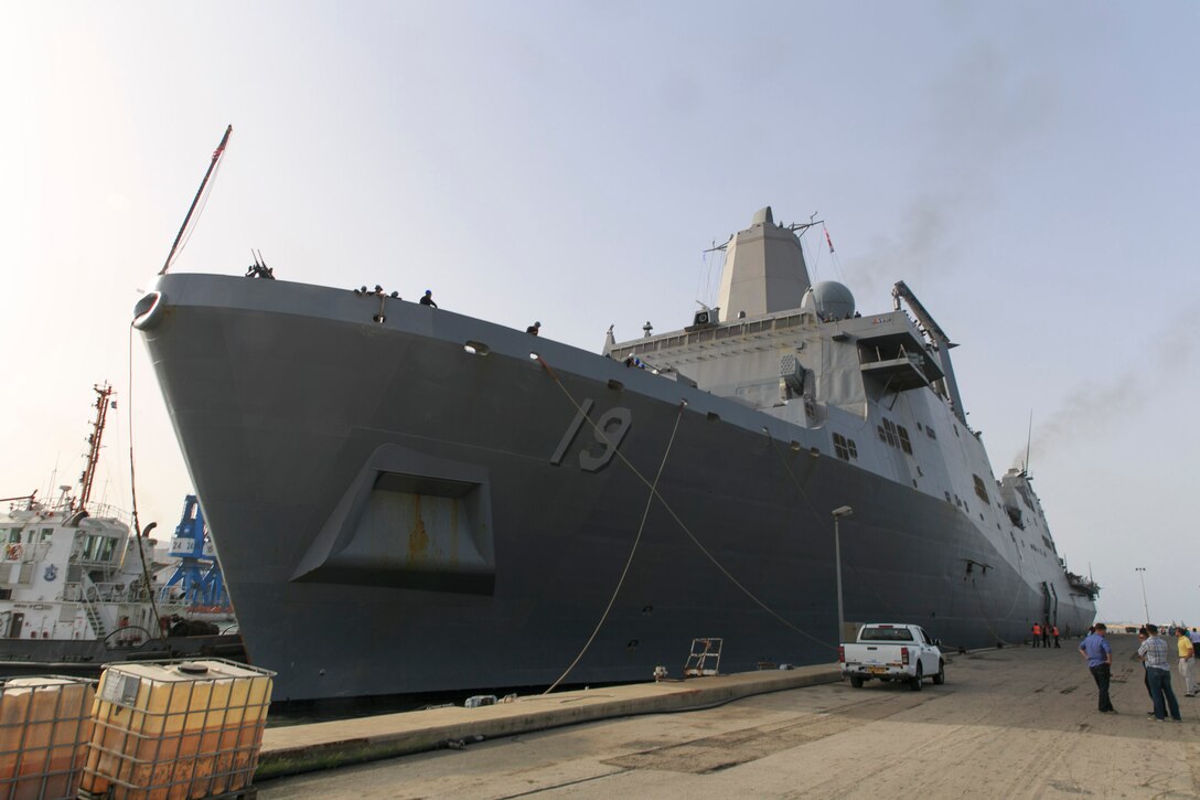 The USS Mesa Verde (LPD 19) docks in Haifa, Israel, for a port visit and a bilateral training exercise with the Israel Defense Forces March 6, 2014. The MEU is deployed to the U.S. 6th Fleet area of operations with the Bataan Amphibious Ready Group as a sea-based, expeditionary crisis response force capable of conducting amphibious missions across the full range of military operations. (U.S. Marine Corps photo by Cpl. Manuel A. Estrada/Released)