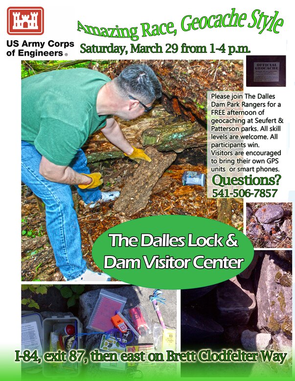 Please join The Dalles Dam Park Rangers for a FREE afternoon of geocaching at Seufert & Patterson parks. All skill levels are welcome. All participants win. Visitors are encouraged to bring their own GPS units or smart phones. Questions? Call 541-506-7857. The Dalles Lock and Dam Visitor Center is off Interstate 84, at exit 87. From exit 87, go east on Brett Clodfelter Way.