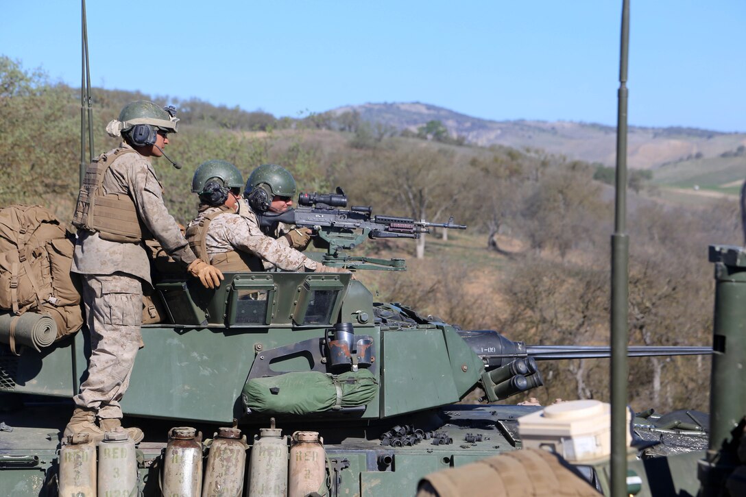 Marines with 1st Light Armored Reconnaissance (1st LAR), 2nd Battalion, 1st Marines (2/1), 11th Marine Expeditionary Unit, conduct live fire with M242 Bushmaster cannons and M240G machine guns on static targets during Realistic Urban Training Marine Expeditionary Unit Exercise 14-1 (RUTMEUEX) at Camp Roberts, Calif., March 17, 2014.  RUTMEUEX will prepare the 11th MEU Marines for their upcoming deployment, enhancing Marines' combat skills in environments similar to those they may find in future missions.  (U.S. Marine Corps photo by Gunnery Sgt. Rome M. Lazarus/Released)