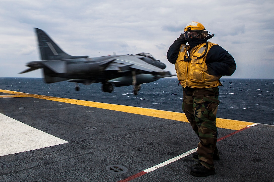 An AV-8B Harrier with Marine Medium Tiltrotor Squadron 263, 22nd Marine Expeditionary Unit, flies off the USS Bataan to Greece to support a bilateral exercise with the Hellenic Army. The U.S. and Greece regularly conduct scheduled military exercises to strengthen professional and personal relationships. The MEU is deployed to the U.S. 6th Fleet area of operations with the Bataan Amphibious Ready Group as a sea-based, expeditionary crisis response force capable of conducting amphibious missions across the full range of military operations. (U.S. Marine Corps photo by Sgt. Austin Hazard/Released)