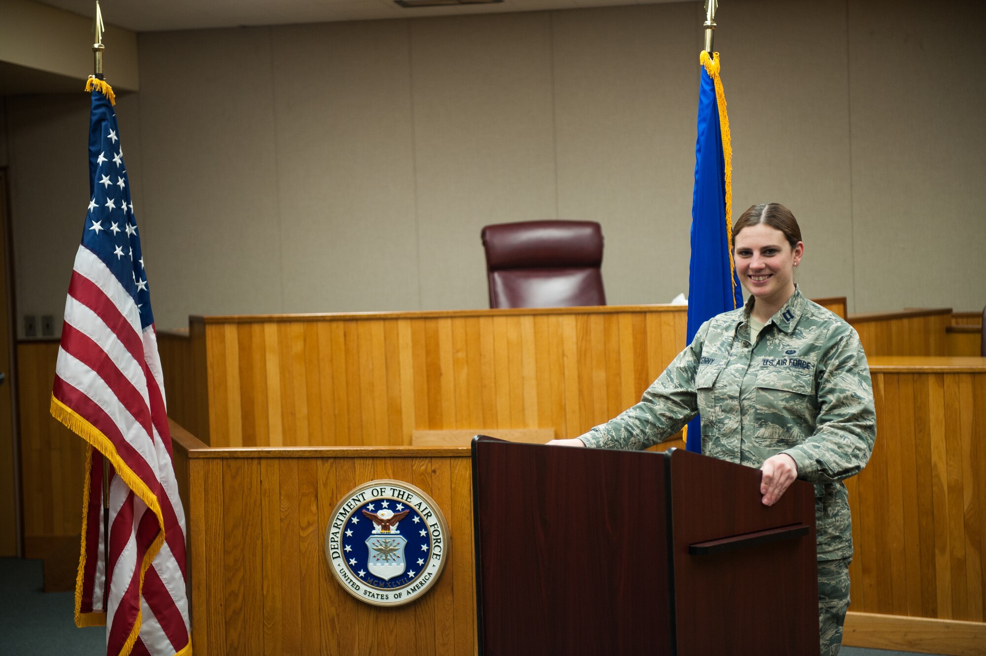 Capt. Erin Kenny, 8th Fighter Wing Judge Advocate, poses for a photo at Kunsan Air Base, Republic of Korea, Mar. 14, 2014. During Women's History Month Kunsan will highlight the "Women of the Wolf Pack." (U.S. Air Force photo by Staff Sgt. Clayton Lenhardt/Released)
