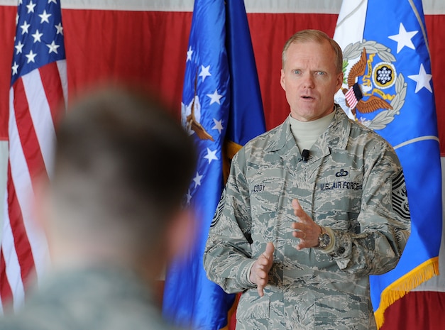 Chief Master Sgt. of the Air Force James A. Cody addresses attendees at the Team Hill all-call event March 14 at Hill Air Force Base. Cody toured the base March 14-15 with his wife, retired Chief Master Sgt. Athena Cody, and shared his insights with Airmen about the service’s ongoing force management programs and other important issues. (U.S. Air Force photo by Alex R. Lloyd)