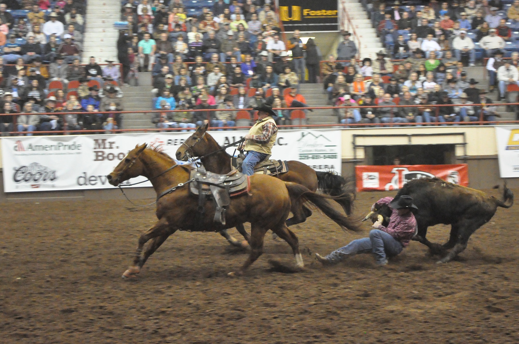 SAN ANGELO, Texas – Jack Hodges, a competitor in the San Angelo Stock Show and Rodeo tries to bring down a bull during the San Angelo Stock Show and Rodeo’s Military Appreciation Night at the Foster Communication Coliseum here Feb. 26. There were several other events that night including calf roping, bareback horse riding, girl’s barrel racing and more. (U.S. Air Force photo/ Airman 1st Class Breonna Veal)