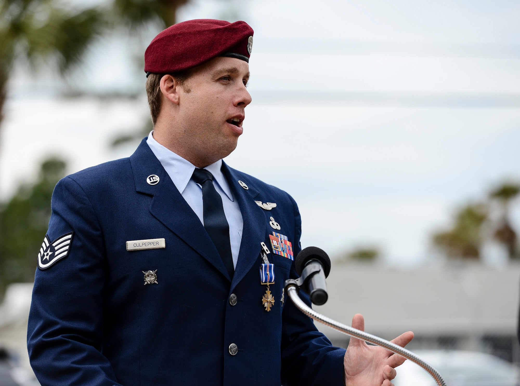 NAVAL SUPPORT ACTIVITY PANAMA CITY, Fla. (March 11, 2014) Staff Sgt. Thomas Culpepper, U.S Air Force, addresses the crowd after being awarded the Distinguished Flying Cross (with Valor) at the Naval Diving and Salvage Training Center (NDSTC).  Culpepper was awarded the Distinguished Flying Cross (with Valor) for heroism while participating in aerial flight during operations in the Middle East, 2011 and is currently an instructor at NDSTC.  (U.S. Navy courtesy photo by Mass Communication Specialist 2nd Class Kevin B. Gray/Released)