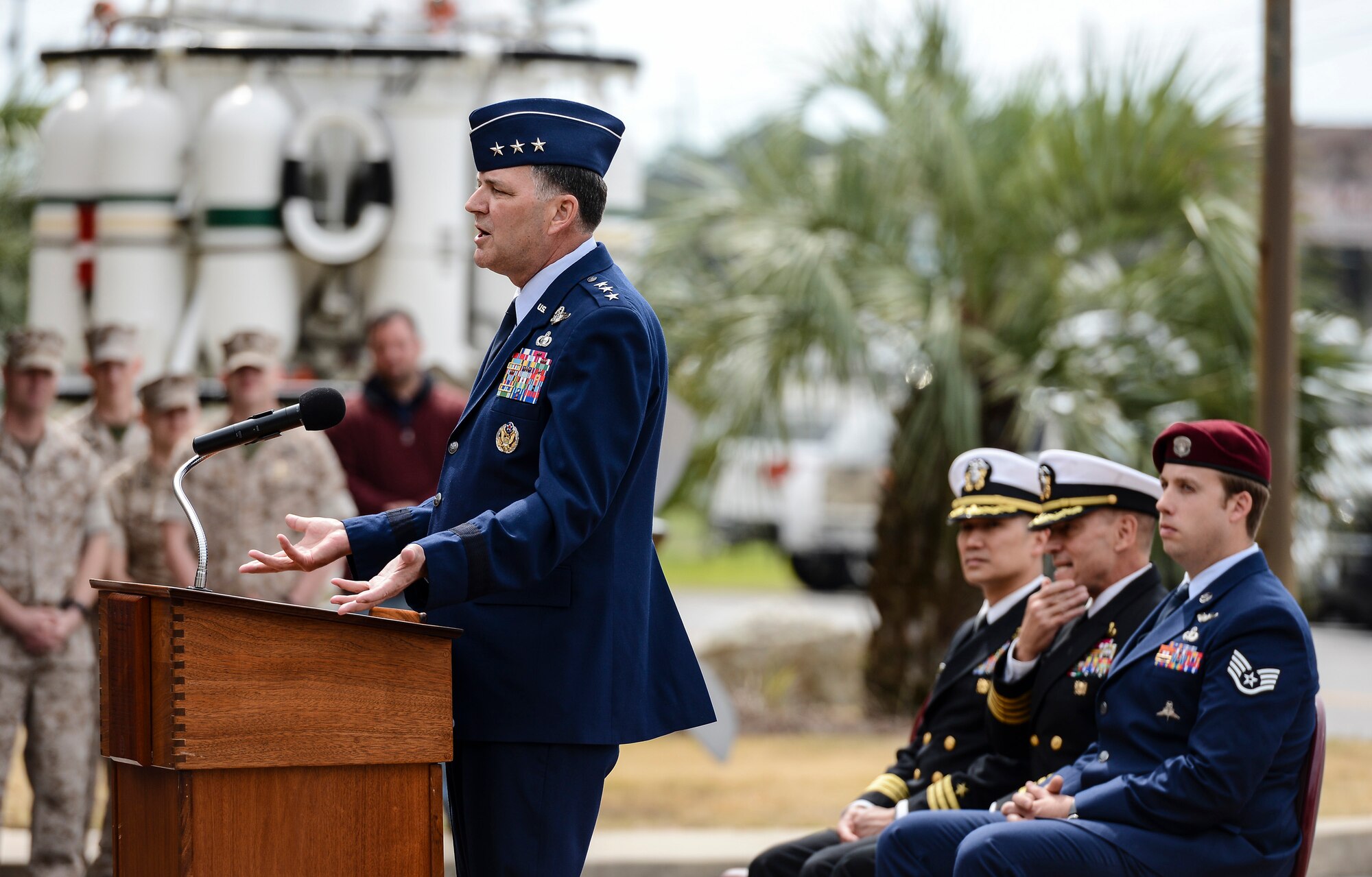 NAVAL SUPPORT ACTIVITY PANAMA CITY, Fla. (March 11, 2014) -- Lt. Gen. Bradley Heithold, U.S. Air Force, Vice Commander, Headquarters U.S. Special Operations Command, Washington, D.C., addresses the crowd during a presentation of awards for the Distinguished Flying Cross (with Valor) to Staff Sgt. Thomas Culpepper, U.S Air Force, at the Naval Diving and Salvage Training Center (NDSTC).  Culpepper was awarded the Distinguished Flying Cross (with Valor) for heroism while participating in aerial flight during operations in the Middle East 2011 and is currently an instructor at NDSTC.  (U.S. Navy courtesy photo by Mass Communication Specialist 2nd Class Kevin B. Gray/Released)