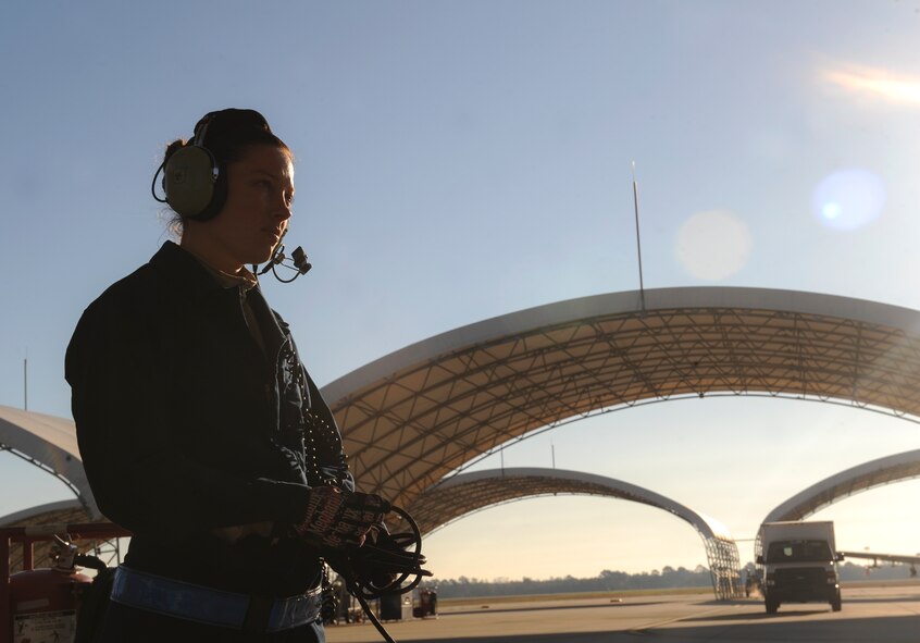 U.S. Air Force Senior Airman Grace Wheeler, 74th Aircraft Maintenance Unit crew chief, communicates with an A-10C Thunderbolt II pilot during a pre-flight inspection at Moody Air Force Base, Ga., March 14, 2014. Crew chiefs are responsible for the maintenance, upkeep and appearance of the jet. (U.S. Air Force photo by Senior Airman Olivia Bumpers/Released)