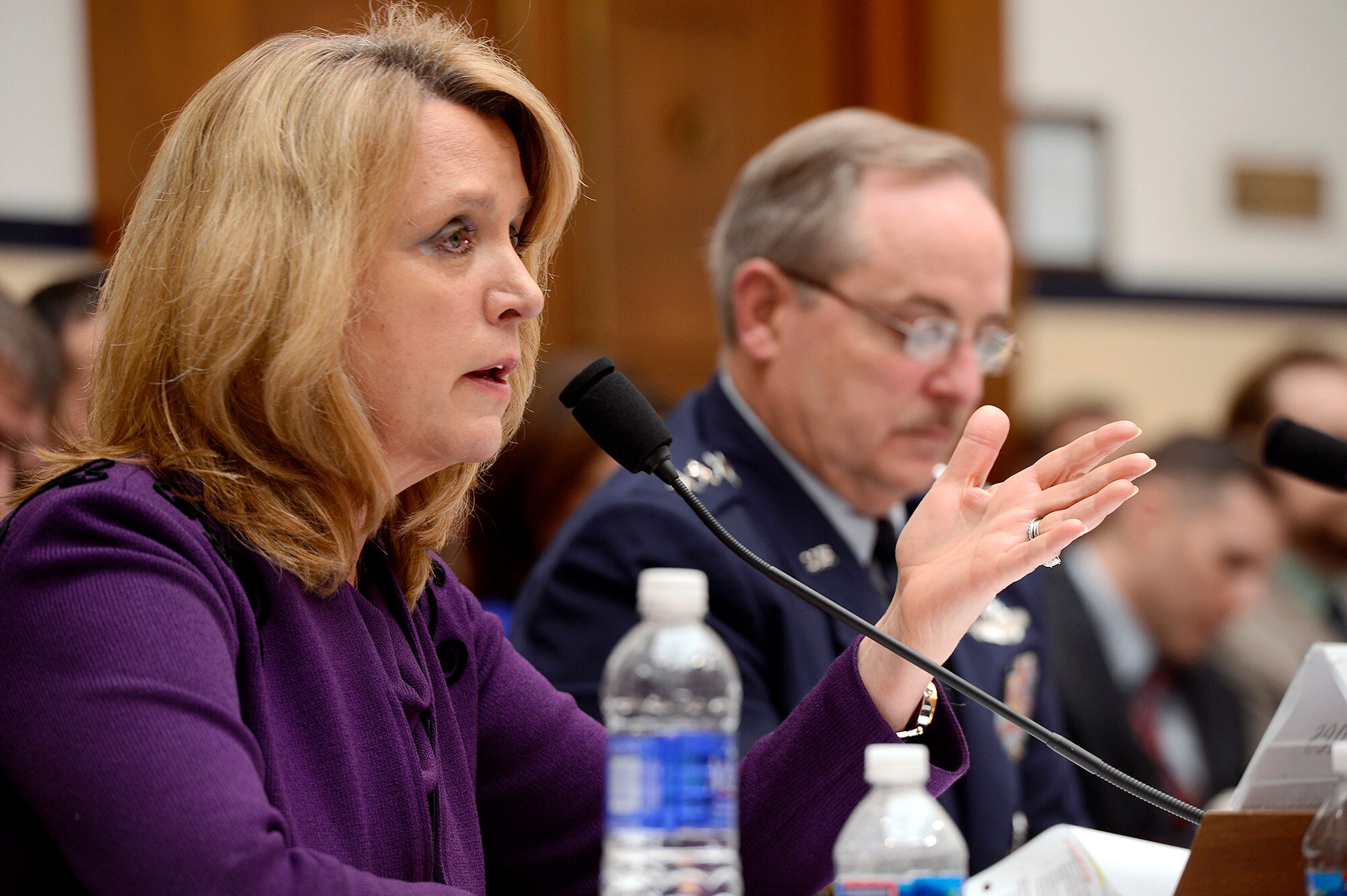 Secretary of the Air Force Deborah Lee James and Air Force Chief of Staff Gen. Mark A. Welsh III answer questions on the Air Force's fiscal year 2015 budget request before the House Armed Services Committee in Washington, D.C., March 14, 2014. (U.S. Air Force photo/Scott M. Ash)
