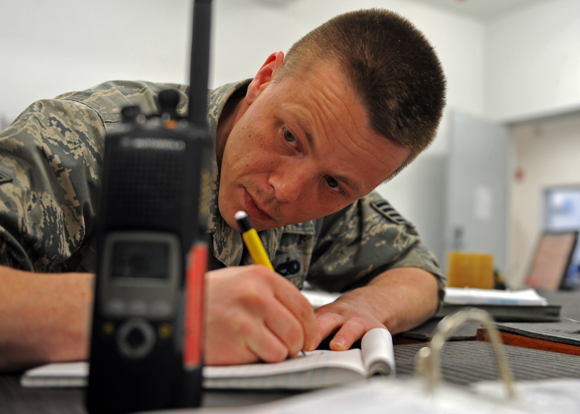 Staff Sgt. Chris Davaz, 39th Maintenance Squadron weapons flight inspector, conducts a radio equipment check as part of an inspection March 5, 2014, Incirlik Air Base, Turkey. Quality assurance inspectors visit their flights daily to watch for positive or negative trends that might affect the 39th MXS mission. (U.S. Air Force photo by Senior Airman Chase Hedrick/Released)