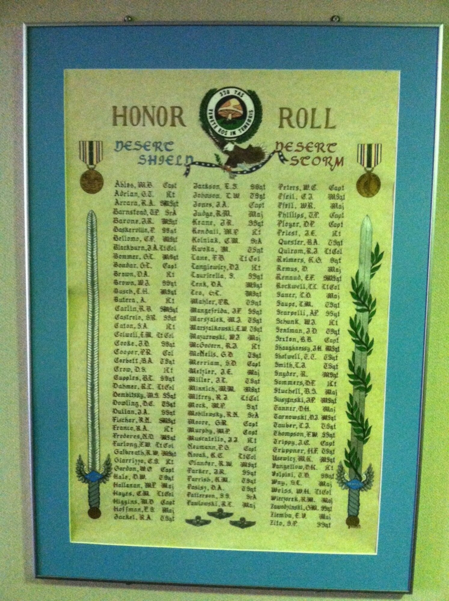 An honor roll of the Operations Desert Shield and Desert Storm Veterans of the 328th Airlift Squadron hangs in the squadron hallway as a testament to the service of the Airmen who were activated for the conflict. Out of approximately 80 names, the number of those Airmen still in the unit is close to the single digits. (U.S. Air Force photo by Tech. Sgt. Andrew Caya)