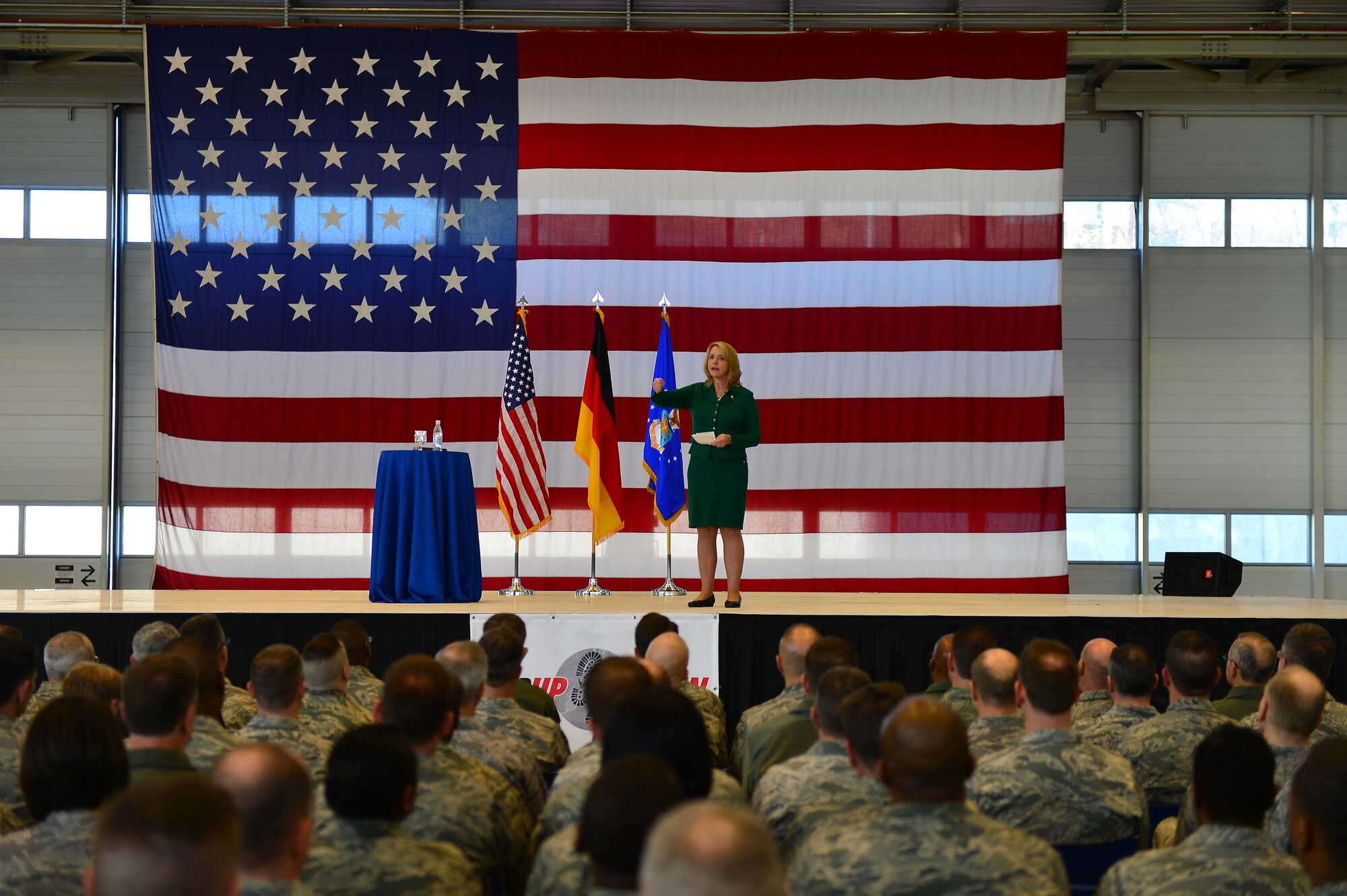 Secretary of the Air Force Deborah Lee James shares her top three priorities, Air Force challenges and a way ahead at an Airmen’s call on Ramstein Air Base, Germany, March 17, 2014. During James' first visit to Europe as the SecAF, she visited with Airmen in their workplaces and received briefings on Ramstein’s many missions. (U.S. Air Force photo/Tech. Sgt. Daylena S. Ricks)