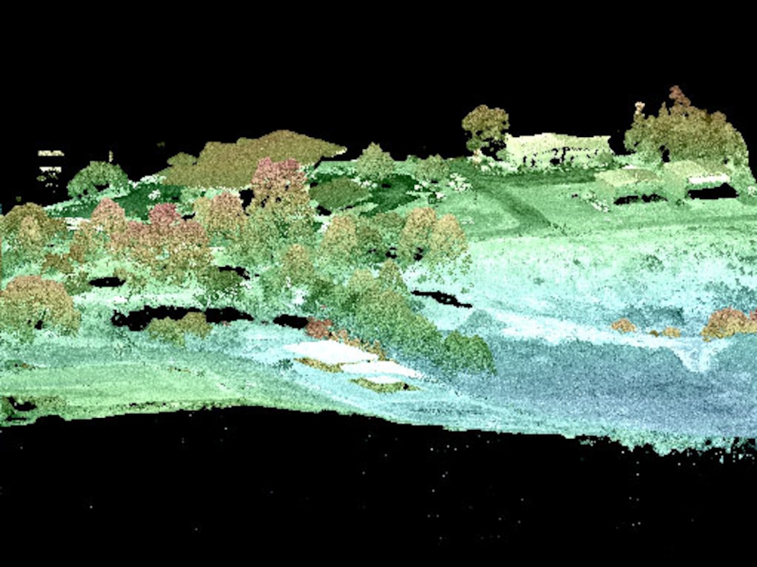 USACE created HyperCube to analyze and display multi- and hyper-spectral imagery.  This example shows a partially colorized image generated from a Lidar point cloud at a viewing angle of 60 degrees.