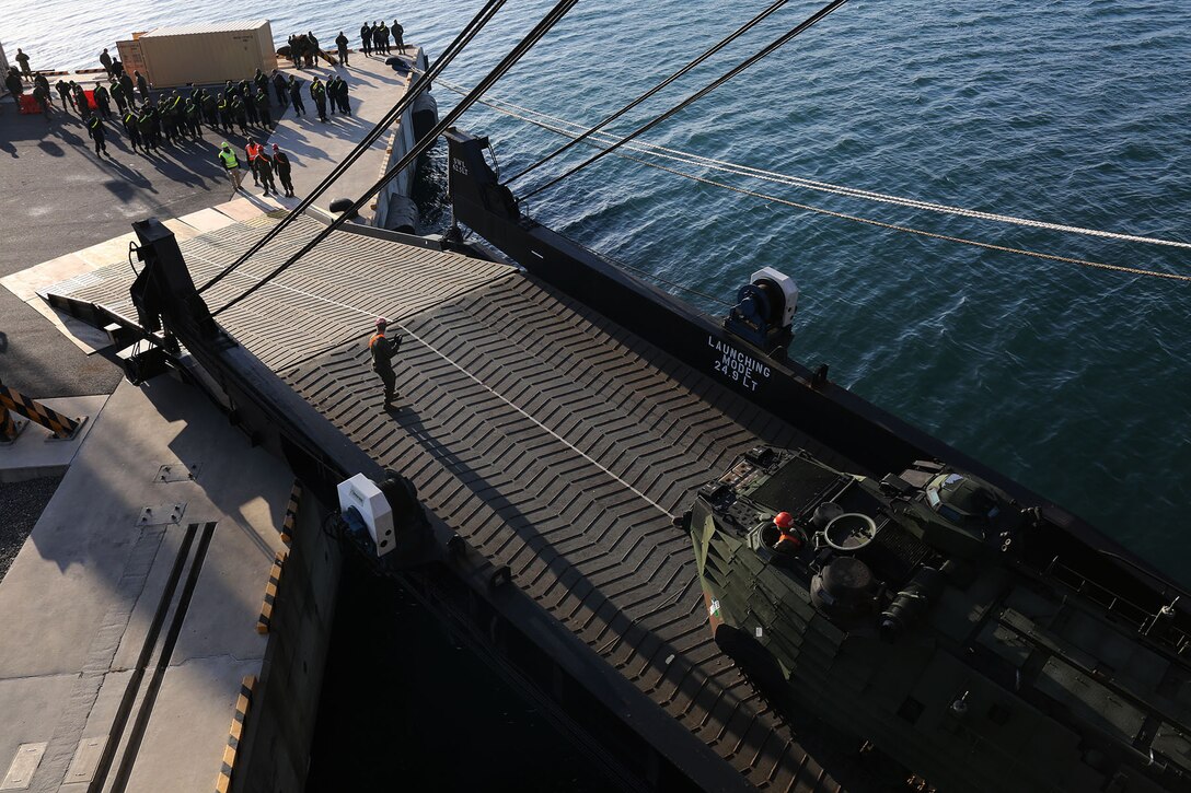 U.S. Marines assigned with 3d Marine Expeditionary Brigade, III Marine Expeditionary Force, off-load equipment from USNS 2nd Lt. John P. Bobo docked in Gwangyang, South Korea, March 10, 2014, in preparation for exercise Ssang Yong. Reserve Marines with 14th Marine Regiment and 4th Tank Battalion joined III MEF to participate in Ssang Yong. Ssang Yong 14 is an annual combined exercise, taking place in Pohang, South Korea, conducted by Marine and Navy forces with the Republic of Korea in order to strengthen interoperability and working relationships across the range of military operations from disaster relief, to complex expeditionary operations.