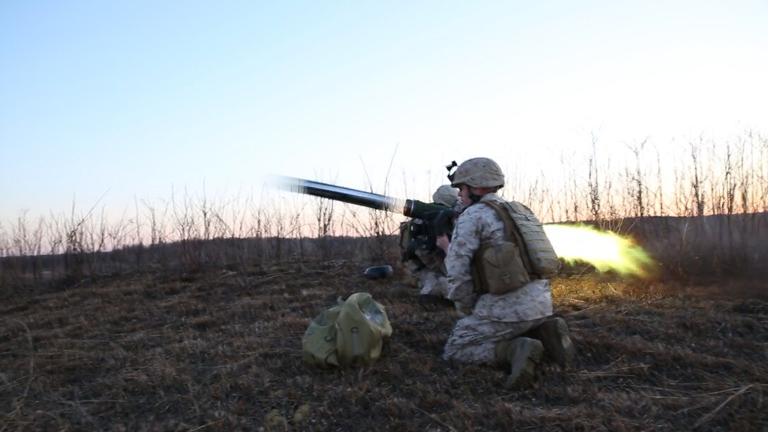 Camp Atterbury, Ind. - A foot-mobile M98A2 Javelin team fires at a target down range during their Reserve forces drill period training, March 15, 2014, at a firing range on Camp Atterbury Joint Maneuver Center. Firing a javelin missile is a rare opportunity for the Marines, considered by many to be a once in a lifetime practice shoot. The Marines are with Weapons Company, 2nd Battalion, 24th Marine Regiment, 4th Marine Division.(Marine Corps photo by Cpl. J. Gage Karwick/released)