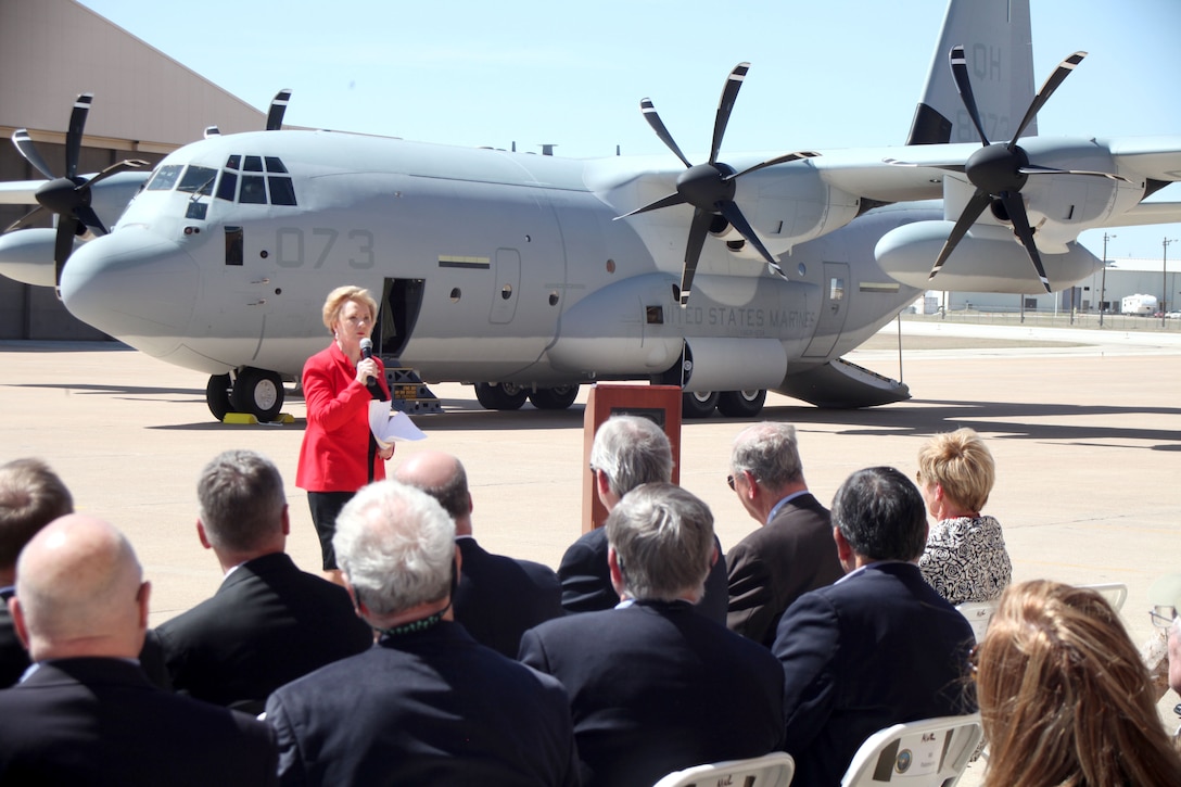 U.S. Rep. Kay Granger stands before the newest addition to the U.S. Marine Corps Reserve aviation fleet, the KC-130J, during a ceremony aboard Naval Air Station Fort Worth Joint Reserve Base on March 18. The “Super Hercules” is the first of 12 new aircraft to be received by Marine Refueler Transport Squadron (VMGR) 234, Marine Aircraft Group 41, 4th Marine Aircraft Wing. 