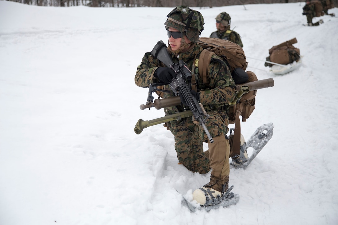 Marines pause March 5 during a patrol through as part of a culminating field event for Exercise Forest Light 14-2 at Sekiyama Training Area in Niigata prefecture, Japan. The three-day field training was the final test for the Marines and Japan Ground Self-Defense Force members participating in the exercise. The training tested the cold-weather tactics and survival skills learned throughout Forest Light. The Marines are with Company I, 3rd Battalion, 1st Marine Regiment, currently assigned to 4th Marines, 3rd Marine Division, III Marine Expeditionary Force, under the unit deployment program.
