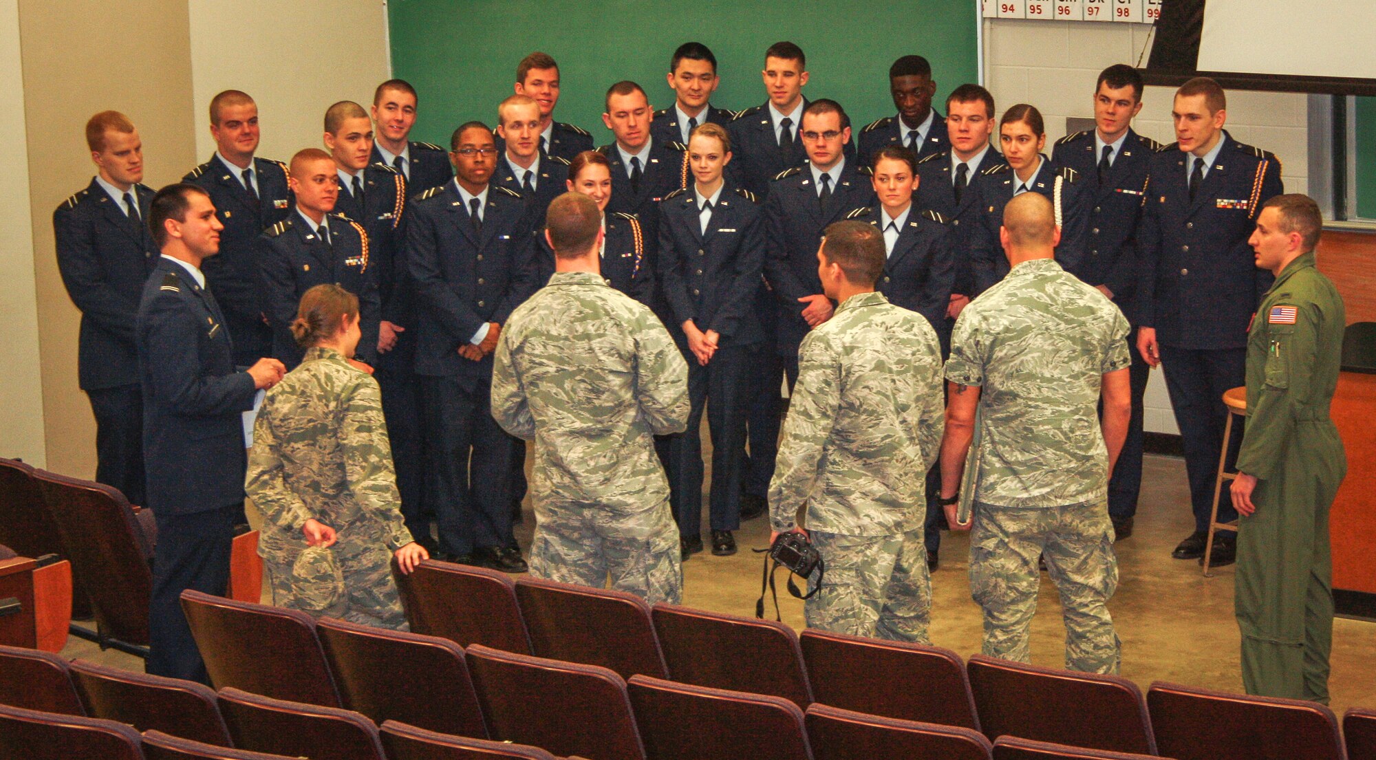 Lieutenants from Fairchild Air Force Base, Wash., give advice to Field Training Preparation cadets at the University of Idaho’s Air Force Reserve Officer Training Corps Detachment 905 in Moscow, Idaho, March 13, 2014. Fairchild officers spoke to the cadets about their Air Force jobs and the transition from ROTC to active duty for the detachment’s career day. (U.S. Air Force photo by Cadet Molly A. Wakeling/Released)