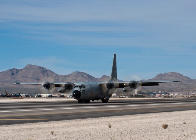 A Belgian air force C-130 Hercules lands during Red Flag 14-2, March 13, 2014, at Nellis Air Force Base, Nev. Red Flag gives Airmen the opportunity to experience realistic, stressful combat situations in a controlled environment to increase their ability to complete missions and safely return home. Since being established in 1975, more than 30 countries have participated directly in a Red Flag exercise with other nations as observers. (U.S. Air Force photo by Airman 1st Class Thomas Spangler)