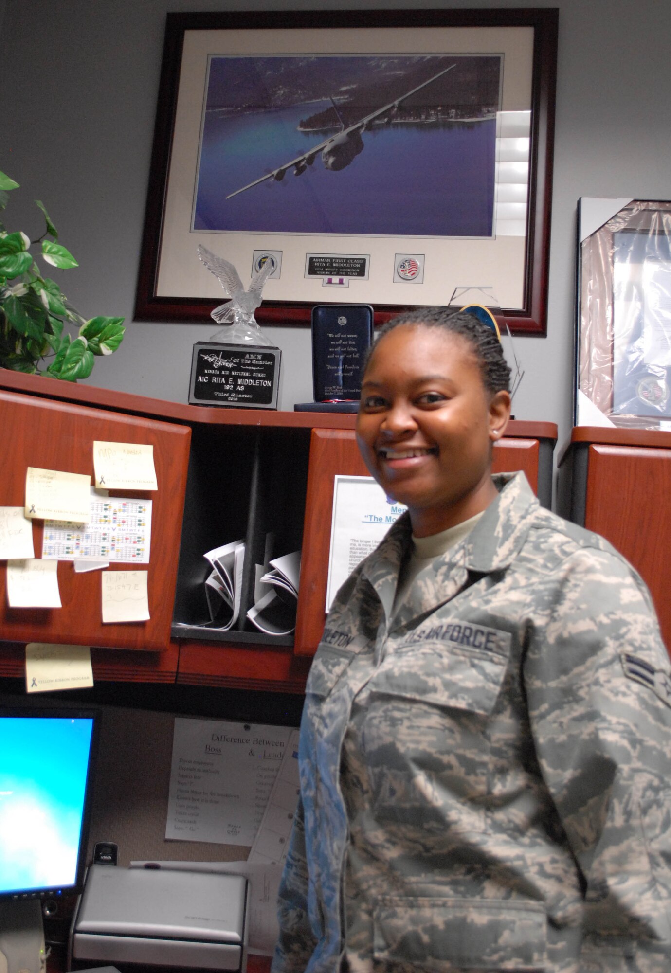 Airman 1st Class Rita Middleton in the Aviation Resource Management office in the 192nd Airlift Squadron. (Photo by Master Sgt. Suzanne Connell, 152nd Airlift Wing Public Affairs. RELEASED)