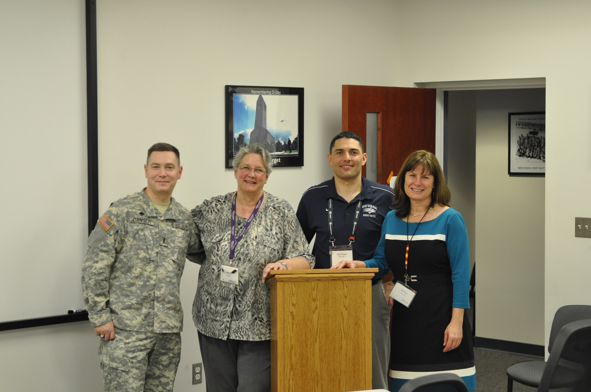 (Left to right) Nev. Army National Guard 1st Lt. Chaplain Candidate Robert Dawson, Ms. Janett Massolo, Nev. Army National Guard Capt. Mike Bordallo, and Ms. Misty Allen take a break from conducting ASIST training at the 152nd Airlift Wing, Reno, Nev. on Thursday, 13 February.  ASIST training is offered quarterly to northern and southern Nevada locations.  (Photo by Master Sgt. Paula Macomber, 152nd Airlift Wing Public Affairs. RELEASED)