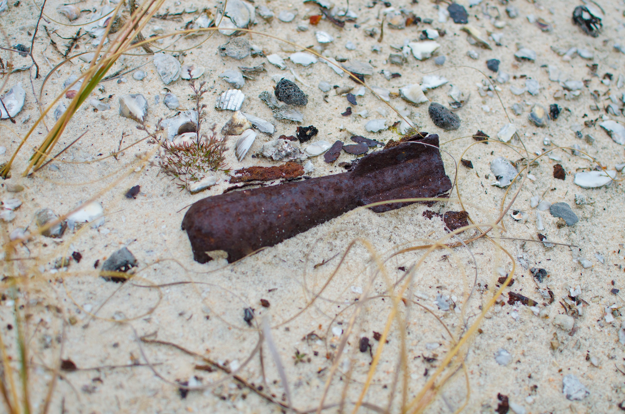 An unexploded ordnance sits in the sand at Perdido Key, Fla., March 12, 2014. UXOs washed ashore from military training, which took place off the coast. They can be extremely dangerous if disturbed. (U.S. Air Force photo/Staff Sgt. John Bainter)