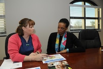 Jennifer Wetzel (left), 359th Medical Operations Squadron health management registered nurse, conducts a Diabetes Update class with Charrisse Gaffisan March 12 at the Joint Base San Antonio-Randolph Health and Wellness Center. (U.S. Air Force photo by Don Lindsey)
