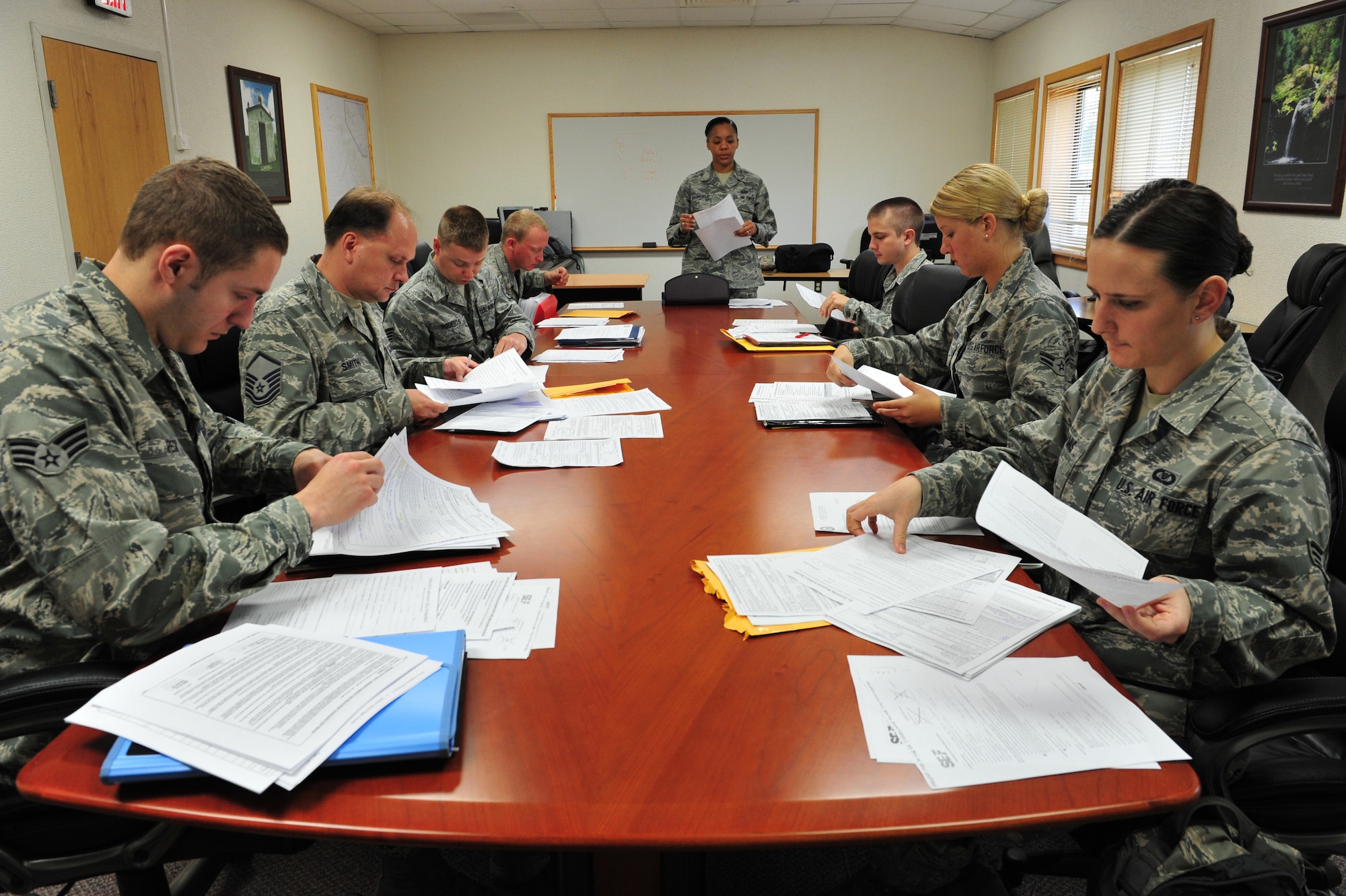 Lajes Field newcomers receive an inprocessing briefing from the 65th Force Support Squadron Military Personnel Section in 2013. For the second year in a row, the 65th FSS was awarded the Maj. Gen. Eugene L. Eubank Award at the Air Force level for 2013. They won the same award at the U.S. Air Forces in Europe level in 2011, 2012 and 2013. (U.S. Air Force photo by Tech. Sgt. Chenzira Mallory/released)