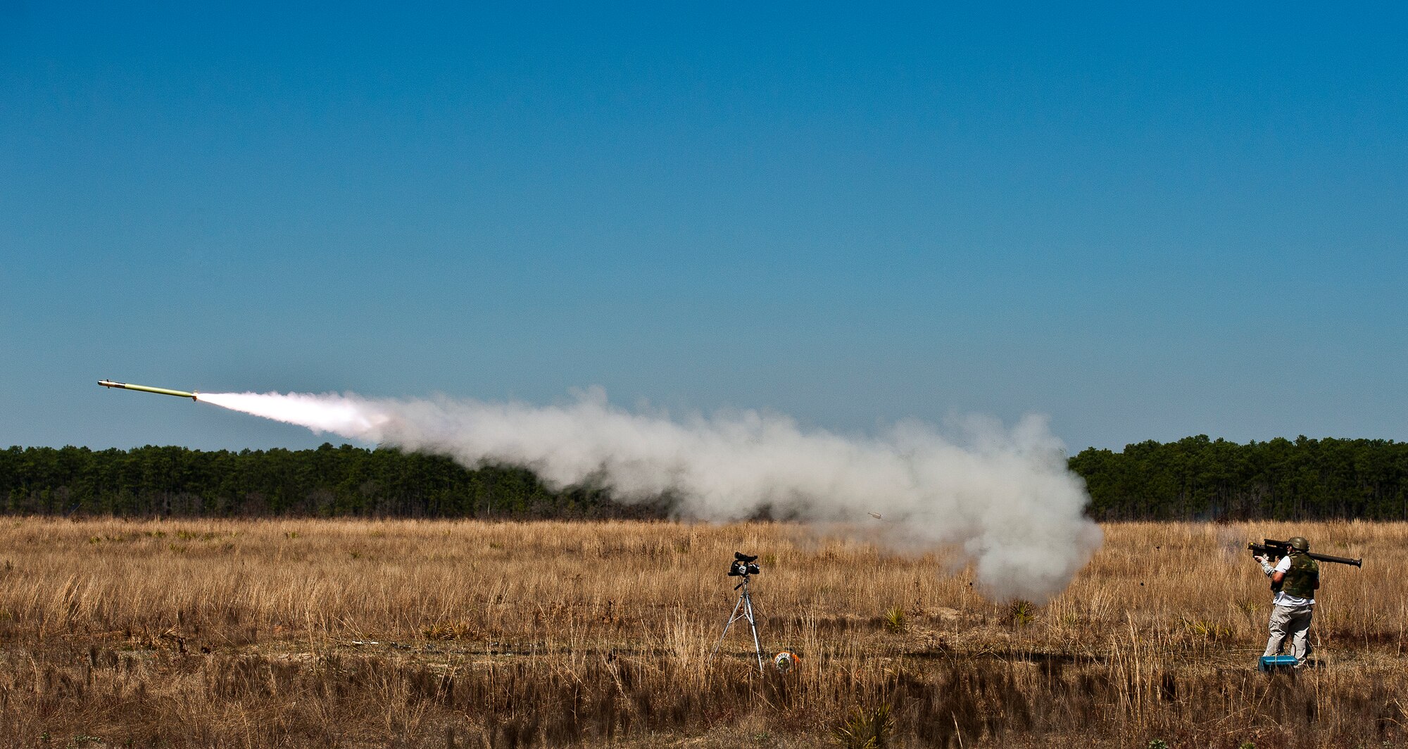 An FIM-92 Stinger missile is fired at an aerial target during missile testing at the Eglin Air Force Base range March 14.  Stinger Based Systems, a division of the Army’s cruise missile defense system unit, test-fired more than 30 Stingers at aerial and fixed targets on the base’s range throughout the week.  (U.S. Air Force photo/Samuel King Jr.)