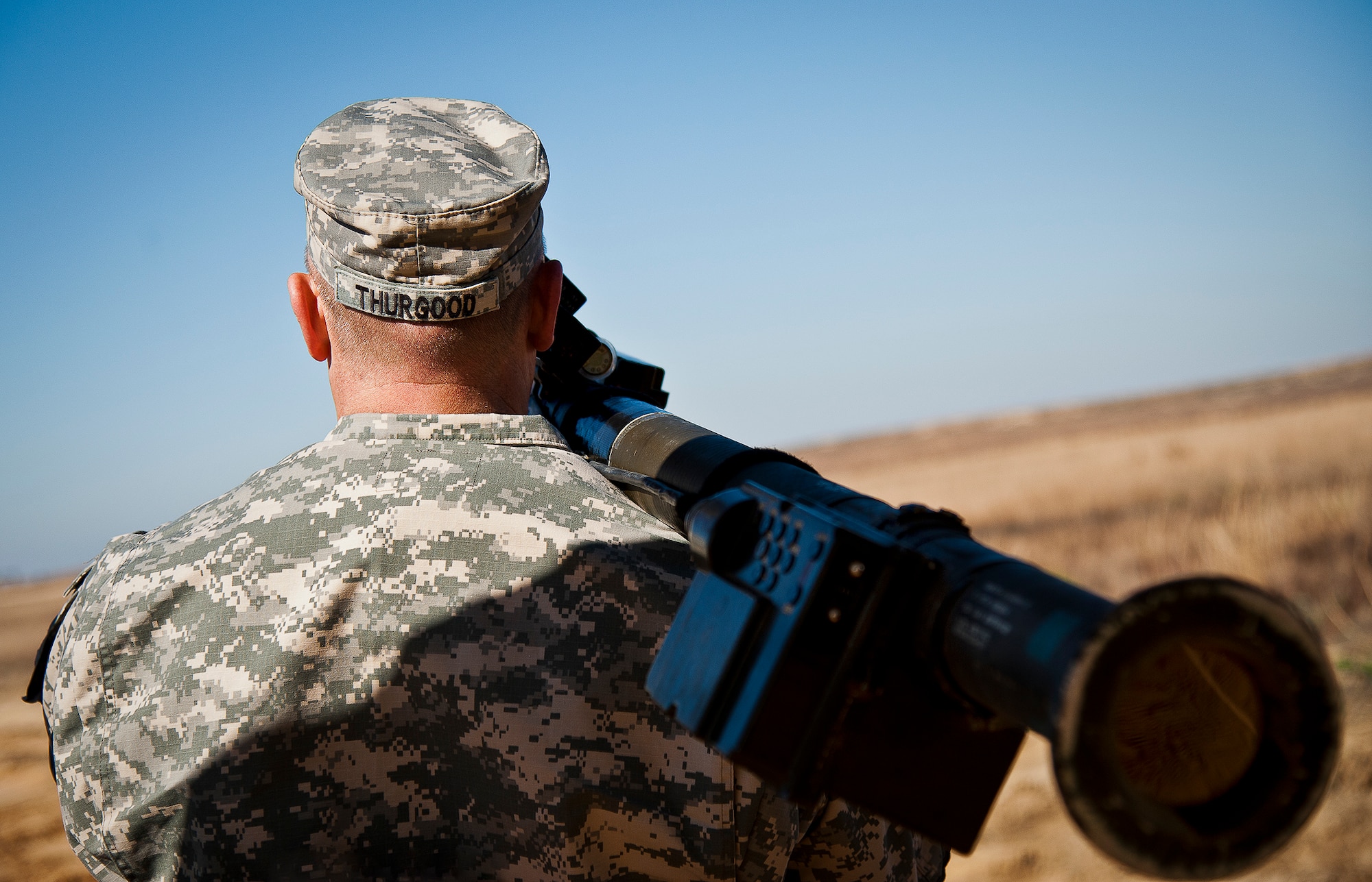 Brig. Gen. Neil Thurgood, the program executive officer missiles and space, holds a FIM-92 Stinger prior to test firing March 14 at Eglin Air Force Base, Fla.  The general fired the first test shot of the day and connected with an aerial target drone.  Stinger Based Systems, a division of the Army’s cruise missile defense system unit, test-fired more than 30 Stingers at aerial and fixed targets on the base’s range throughout the week.  (U.S. Air Force photo/Samuel King Jr.)