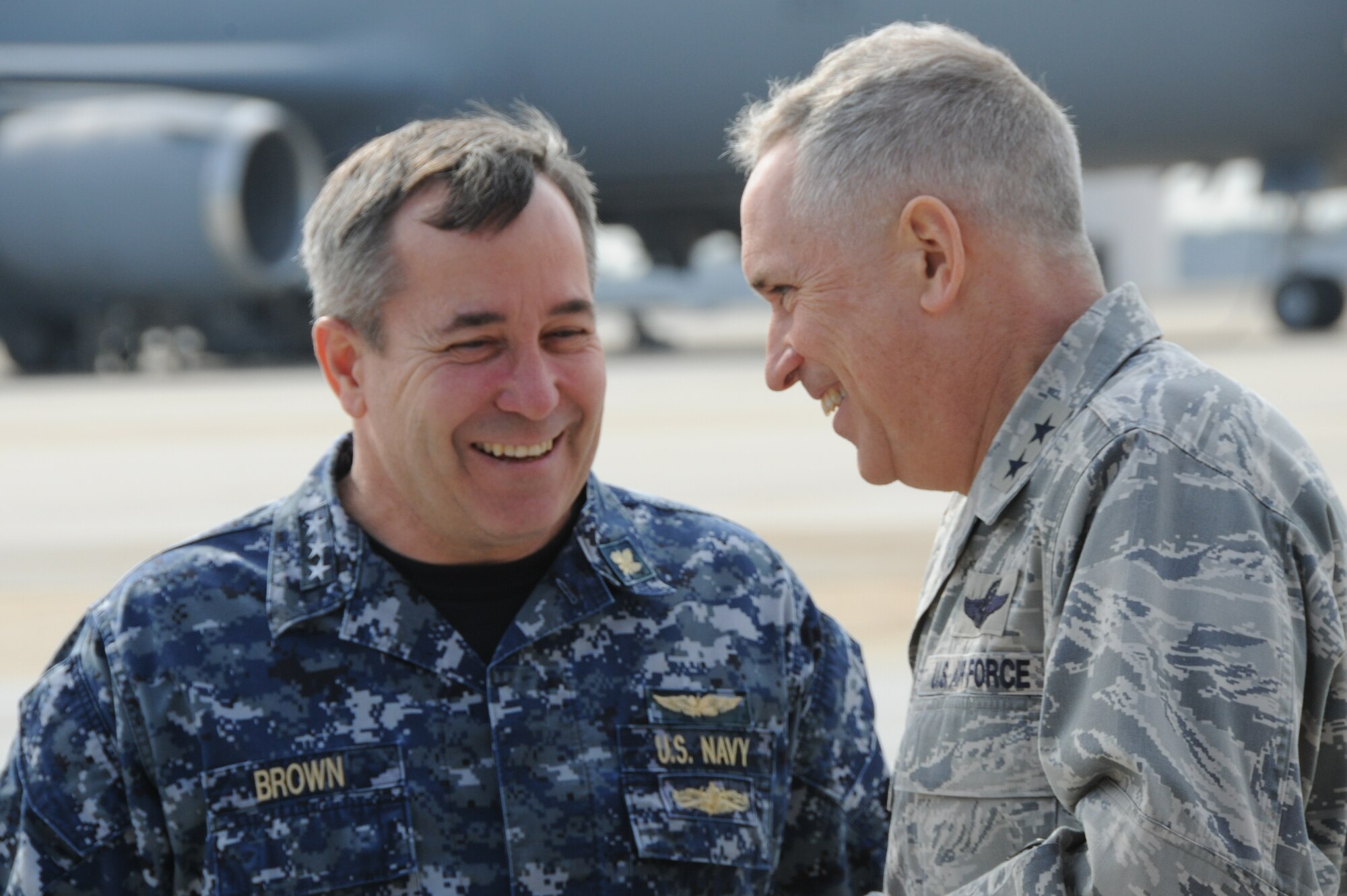 JOINT BASE MCGUIRE-DIX-LAKEHURST, N.J. -- Vice Adm. William A. Brown, U.S. Transportation Command deputy commander, meets with Maj. Gen. Rick Martin, U.S. Air Force Expeditionary Center commander, here March 11, 2014. Brown was introduced to exercise EAGLE FLAG 14-1 and 14-2.  EAGLE FLAG is a strategic exercise to execute and evaluate the span of mobility operations and expeditionary combat support skills requested by combatant commands.  (U.S. Air Force photo by Brad Camara)
