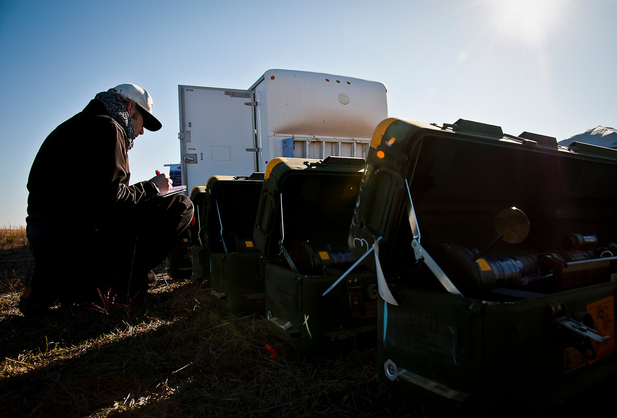 Don Falk, a Raytheon employee, checks the FIM-92 Stingers to be used during missile testing March 14 at Eglin Air Force Base, Fla.  Stinger Based Systems, a division of the Army’s cruise missile defense system unit, test-fired more than 30 Stingers at aerial and fixed targets on the base’s range throughout the week.  (U.S. Air Force photo/Samuel King Jr.)