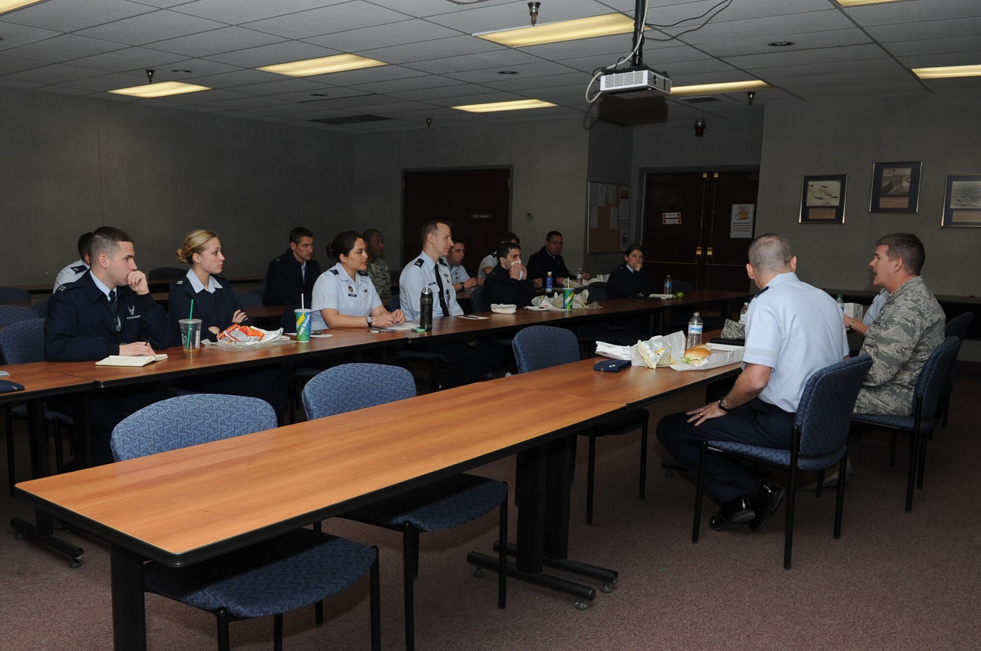 GOODFELLOW AIR FORCE BASE, Texas -- Brig. Gen. Scott George, National Security Agency Central Security Service deputy chief, has lunch with 17th Training Group company grade officers during a visit here March 10. George used the lunch as an opportunity to provide professional development to the CGOs. (U.S. Air Force photo/ Staff Sgt. Laura R. McFarlane)