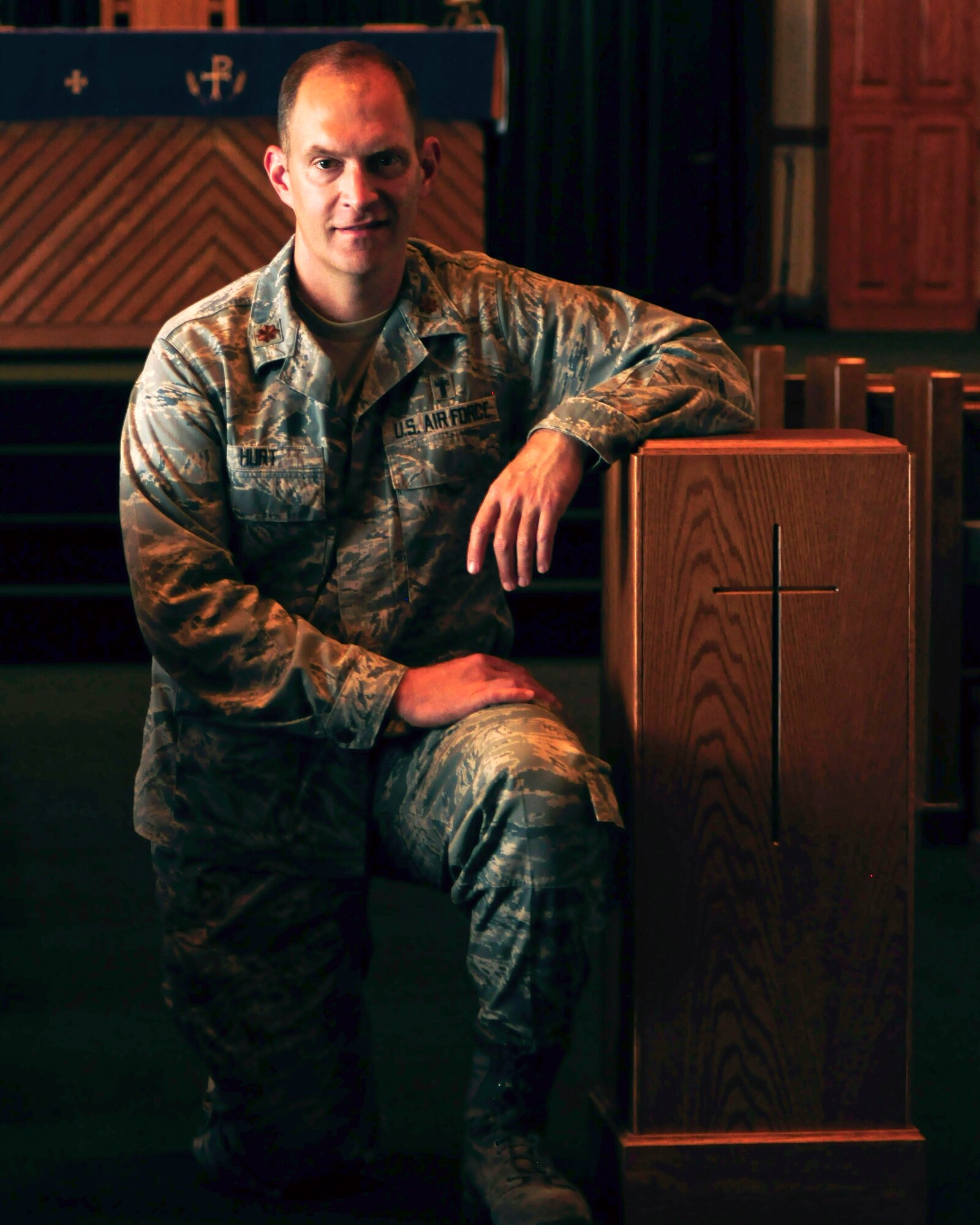 Chaplain (Maj.) Jonathan Hurt, 1st Special Operations Wing, poses for a photo at the chapel on Hurlburt Field, Fla., March 11, 2014. Hurt won the Air Force’s Military Chaplain Association Distinguished Service Award for 2013. The award recognizes ministry excellence of chaplains in mid-career. (U.S. Air Force photo/Staff Sgt. Stacy Fowler)