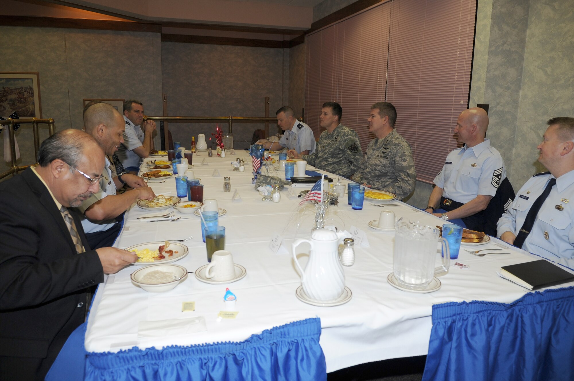 GOODFELLOW AIR FORCE BASE, Texas -- Brig. Gen. Scott George, National Security Agency Central Security Service deputy chief, sits with leadership during a visit here March 10. George visited Goodfellow to see the new Joint Intelligence Technical Training Facility, which was in the early planning stages when he was the 17th Training Group commander in 2008. (U.S. Air Force photo/ Staff Sgt. Laura R. McFarlane) 
