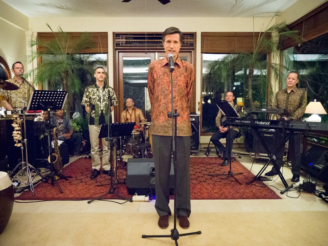 JAKARTA, Indonesia -- U.S. Ambassador Robert O. Blake Jr. introduces Pacific Clave', Band of the Pacific-Asia world-music ensemble, to his evening guests at the ambassador's residence, Jakarta, Indonesia on Mar. 3, 2014. Blake intoduced the band as music ambassadors for an audience which included military attache's, embassy personal, and Indonensian leaders.  (U.S. Air Force photo by Staff Sgt. Josh Voyles)