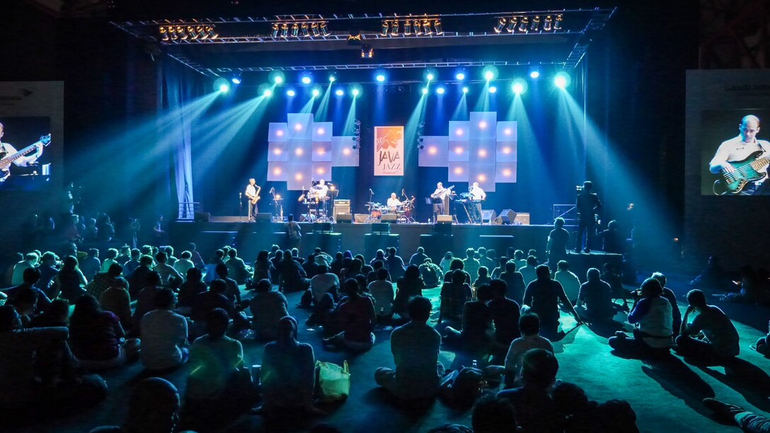 JAKARTA, Indonesia -- Pacific Clave', Band of the Pacific-Asia world-music ensemble, performs for a crowd of people at the Java Jazz Festival in Jakarta, Indonesia on Mar. 1, 2014. Clave' shared a variety of world-music as the stage's headline act for the day. (Courtesy photo by Java Festival Production)
