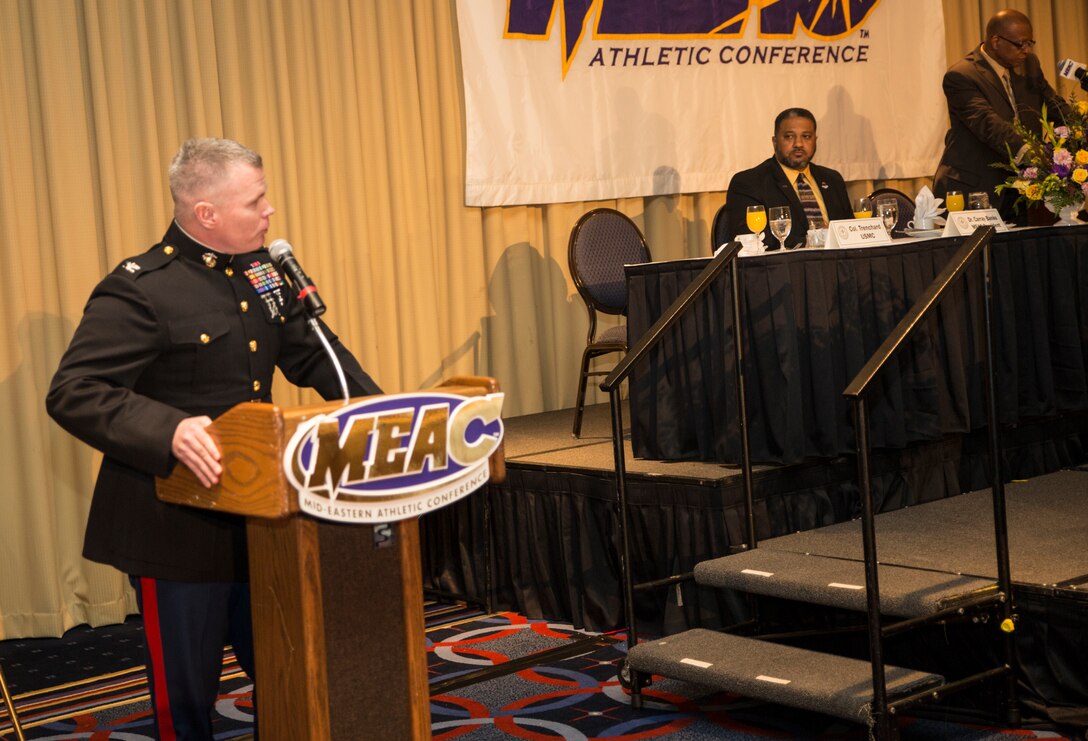 U.S. Marine Corps Colonel Terence D. Trenchard, commanding officer, 4th Marine Corps District, talks with Mid-Eastern Athletic Conference alumni about what it means to be a quality citizen during the MEAC Hall of Fame brunch at the Sheraton hotel in Norfolk, Va., March 14, 2014. The MEAC partnership provides the Marine Corps with an opportunity to celebrate the hard work, courage and commitment to excellence exhibited by its many participants. (U.S. Marine Corps photo by Lance Cpl. Francisco Martinez/Released)