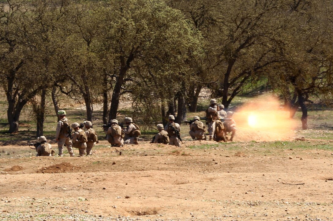 Marines with 2nd Battalion, 1st Marines (2nd Bn 1st Mar), 11th Marine Expeditionary Unit, fire an AT-4 light anti-armor weapon as part of a live-fire training exercise during Realistic Urban Training Marine Expeditionary Unit Exercise 14-1 (RUTMEUEX) at Camp Roberts, Calif., March 18, 2014.  RUTMEUEX will prepare the 11th MEU Marines for their upcoming deployment, enhancing their combat skills in environments similar to those they may find in future missions.  (U.S. Marine Corps photo by Lance Cpl. Laura Y. Raga/Released)