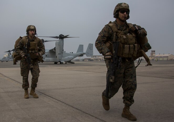 Marines with the 31st Marine Expeditionary Force exit the MV-22 Osprey and begin a noncombatant evacuation operation aboard Marine Corps Air Station Iwakuni, Japan, March 19, 2014. The Osprey aircraft allows the MEU to reach greater distances at a faster speed than ever before.


