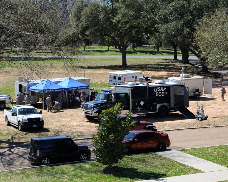 The 2nd Civil Engineer Squadron Explosive Ordnance Disposal flight participated in an exercise on Barksdale Air Force Base, La., March 13, 2014.  The exercise was used to see how the base responds to possible chemical and bomb situations. (U.S. Air Force photo/Senior Airman Joseph A. Pagán Jr.)