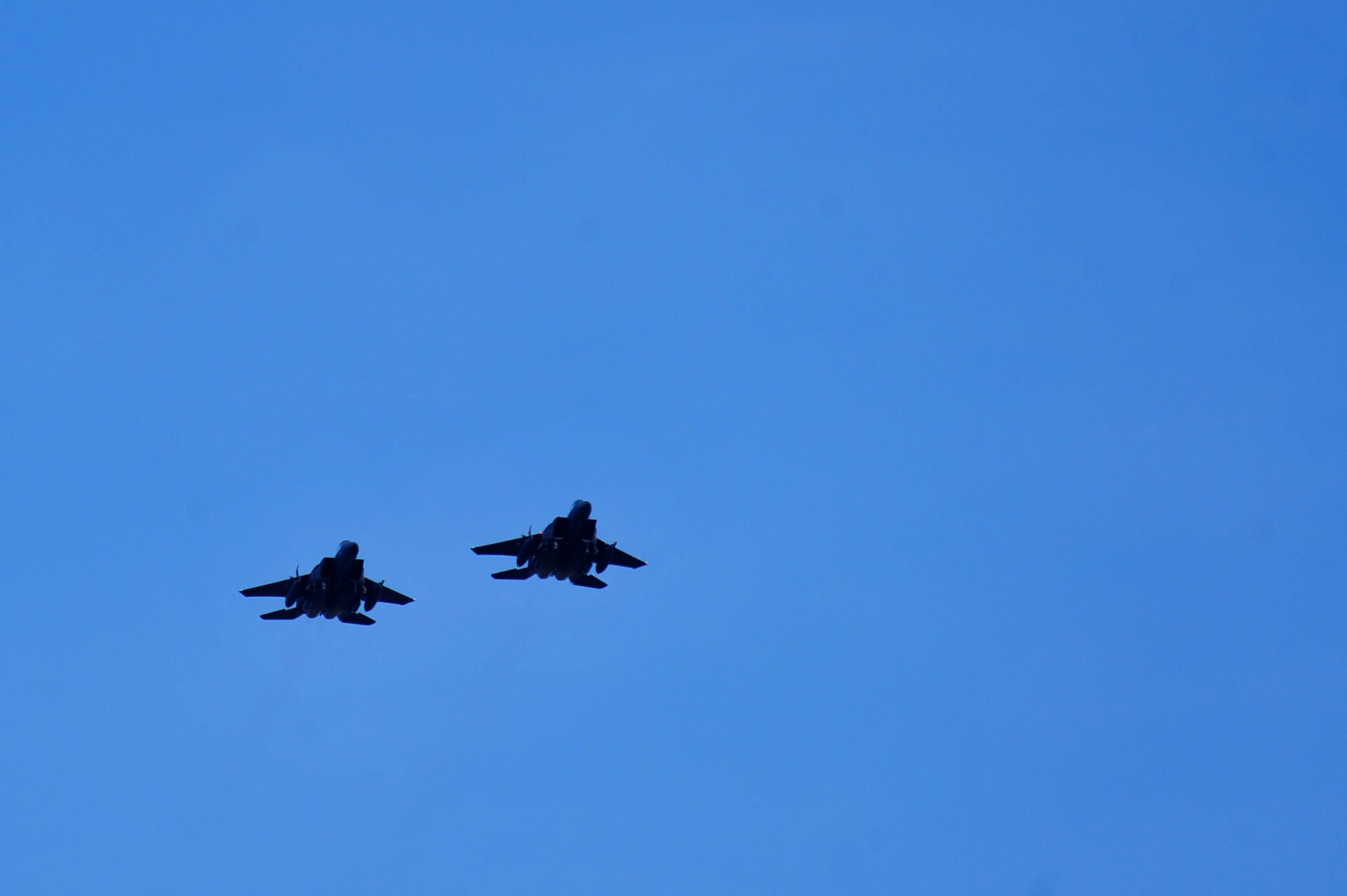 Two F-15E Strike Eagle aircraft from the 336th Fighter Squadron return from Red Flag 14-2, March 15, 2014, at Seymour Johnson Air Force Base, N.C. During the exercise there were at least 60 jets in the air at any time during operations. (U.S. Air Force photo/Airman 1st Class Shawna L. Keyes) 